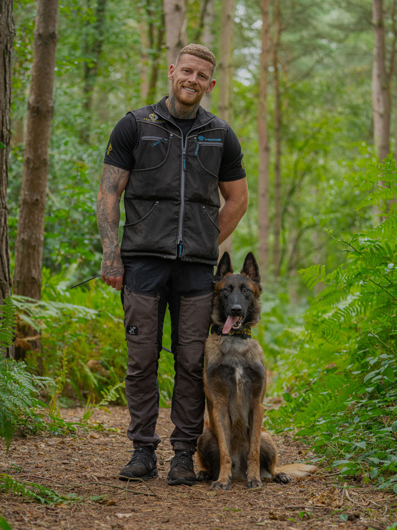 An image showing a fully trained Belgian Malinois stood to the side of Lead trainer Joe at Protection Dogs Worldwide